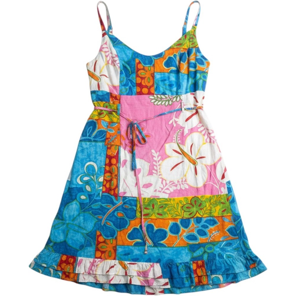 Jams World Mai Tai Patchwork Tropical Floral Ruffle Hem Dress Large W358-MATA